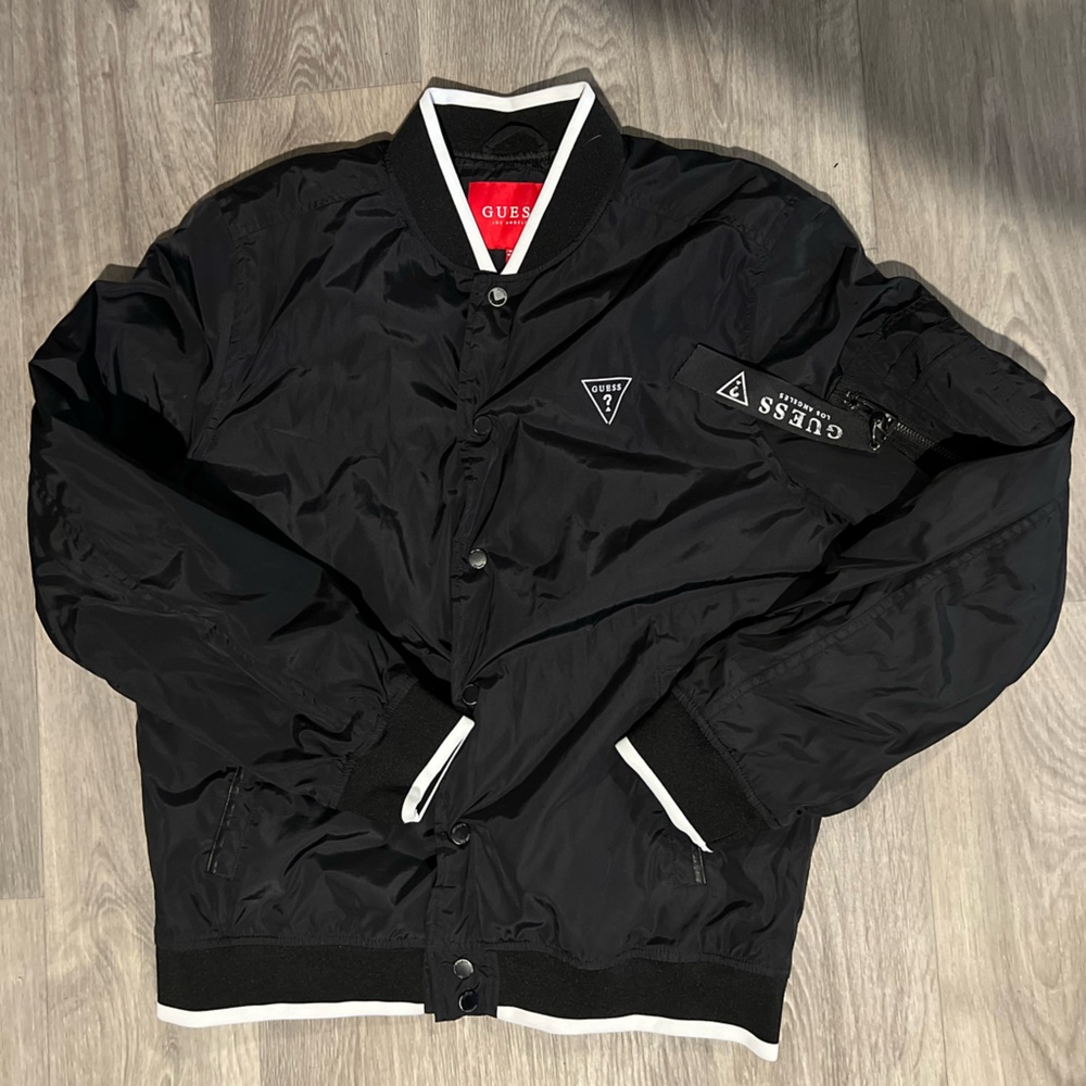 Guess Men's Black Bomber Jacket with White Accents